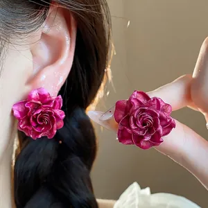 Korean Style Resin Rose Flower Stud Earrings With Silver Earring Post For Women Sweet Fashion Niche Elegant Jewelry Gift