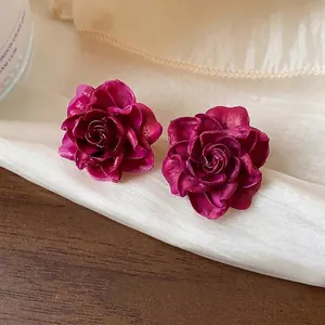 Elegant dark magenta resin rose flower stud earrings with S925 silver needles for women