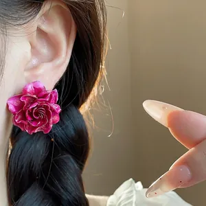 Elegant fuchsia resin rose flower stud earrings with silver needles for women's fashion