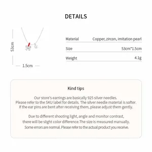 Detailed product specifications for zircon ribbon bow pearl necklace with measurements