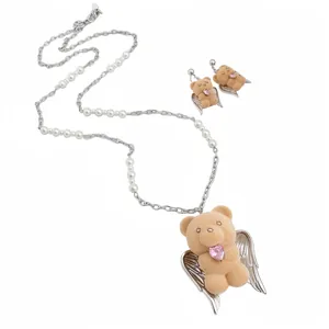 Cute flocked bear pendant necklace with angel wings and pearl beaded stainless steel chain