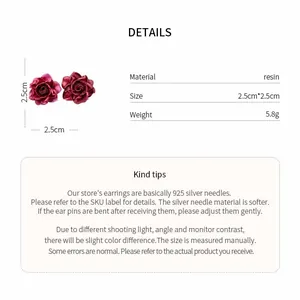 Detailed view of resin rose stud earrings with material and size info for buyers