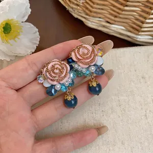 Elegant French retro resin rose earrings decorated with blue crystal beads and pearls