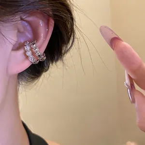 Double-layered zircon ear cuff in silver tone, non-pierced earring style for women.