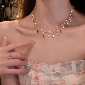 Fashion Copper Rhinestone Square Pendant Necklace Colorful Geometric Clavicle Chain For Women Elegant Daily Party Jewelry