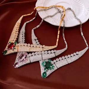 Vintage 18K Gold Plated Zirconia V-Shape Choker Necklace For Women Luxury Royal Court Geometric Flower Pendant Necklace