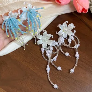 French Style Flower Tassel Artificial Pearl Earrings For Women Silver Earring Post Elegant Vacation Jewelry Sweet Drop