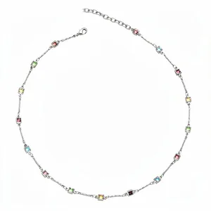 Elegant silver chain necklace adorned with square multi-color crystals in a minimalist style