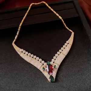 Vintage 18k gold plated V-shape necklace with multi-color zircons and red center stone