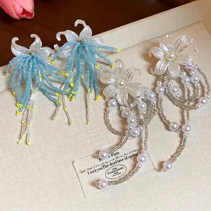 Elegant French style floral tassel earrings with pearls and beads