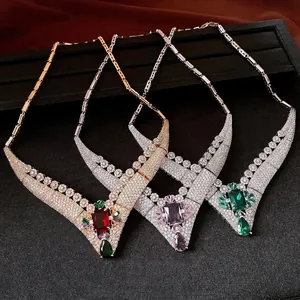 Luxury 18k gold plated zircon necklaces featuring colorful square and teardrop stones.