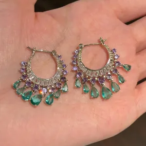 Copper Zirconia Round Tassel Waterdrop Hoop Earrings For Women Luxury Elegant Gold Silver Purple Green Jewelry Gift