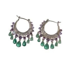Elegant zircon hoop earrings with purple stones and green water drop fringe tassels