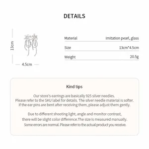 Detailed specs for elegant floral tassel earrings with imitation pearls and glass accents.