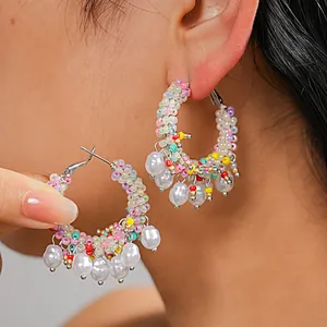 Colorful Beaded Pearl Hoop Earrings With Silver Earring Post Dopamine Round Circle Drop Earrings For Women Vacation Jewelry