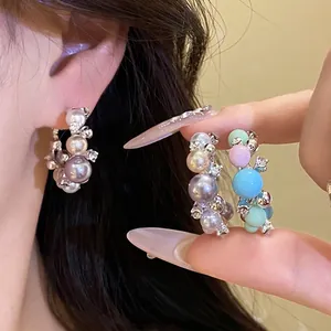 Women Fashion Circular Hoop Earrings With 925 Silver Post Inlaid Artificial Pearl Colorful Beads Rhinestone Jewelry