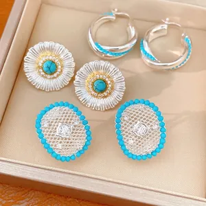 Vintage Hollow Oval Stud Earrings With Silver Earring Post Copper Inlaid Zirconia Blue Beads Sunflower Hoop Earrings For Women