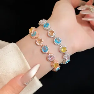 Bracciale a Maglie Tonde con Zirconia Colorata in Rame Intarsiato Stile Dopamina Gioielli Multicolore Donna Festa Quotidiano
