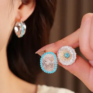 Silver needle earrings with zircon mesh and turquoise flower studs for women