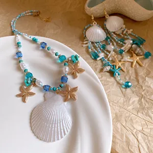 Bohemian shell and starfish beaded necklace and earring set for beach vacation jewelry