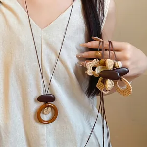 Ethnic Retro Long Pendant Necklace Adjustable Resin Wood Ring Woven Sweater Chain For Women Boho High-End Daily Accessory