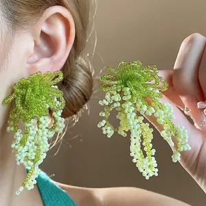 Elegant French pastoral style green glass beaded tassel earrings with hypoallergenic silver needles