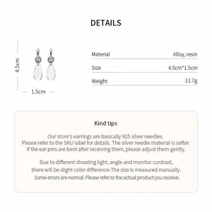 Detailed specifications for resin teardrop earrings showing 4.5cm length and alloy material