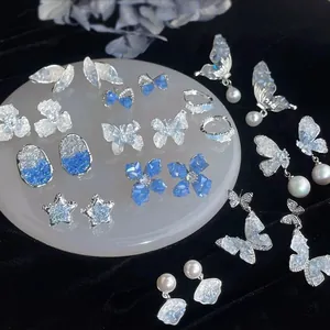 Korean Style Zirconia Butterfly Star Earrings Blue Series Copper Stud Earrings Artificial Pearl Jewelry Women Gift