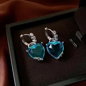 Retro Heart-Shaped Pendant Huggie Earrings With Blue Zirconia Inlaid Copper Metal Silver Earring Post For Women MOM Jewelry Gift