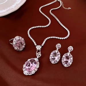 Vintage Ovaler Zirkonia Schmuckset Für Damen Kupfer Versilbert Leichter Luxus Rosa Blau Kristall Halskette Ring Ohrringe Schmuck