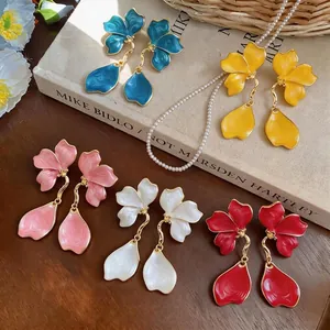 Light Luxury Enamel Flower Tassel Drop Earrings For Women Dopamine Color Alloy S925 Silver Earring Post Jewelry Gift