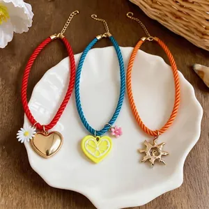 Colorful rope necklace set with sun heart and flower pendants for summer vacation