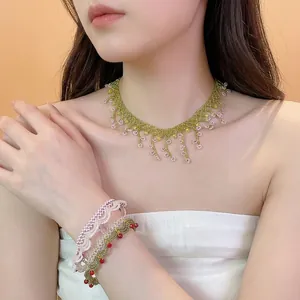 Handmade Glass Beaded Flower Lace Choker Necklace And Bracelet Jewelry For Women Vintage Elegant Floral Woven Jewelry