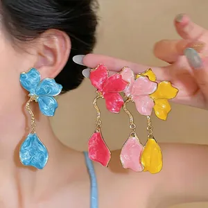 Elegant colorful enamel flower drop earrings set with artistic petal designs for women