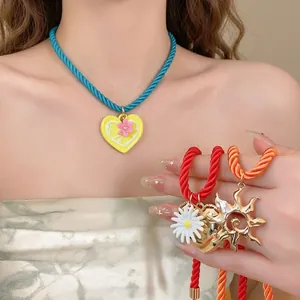 Vibrant dopamine style twisted rope necklace with colorful heart and sun pendants for women