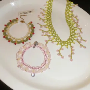 Elegant handmade floral beaded lace necklace and bracelet jewelry set for women
