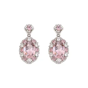 Elegante Vintage-Ohrhänger mit ovalen rosa Zirkonia und Heiligenschein-Design in Silber