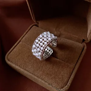 Vintage Zirkonia Blume Mehrlagige Künstliche Perle Offener Ring Für Damen Eleganter Versilberter Kupfer Verstellbarer Ring Schmuck