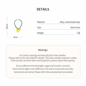 Detailed specifications for heart sunflower pendant necklace with alloy and rope.