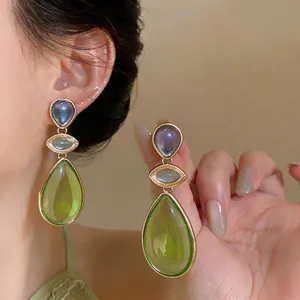 French Vintage Resin Teardrop Dangle Earrings With 925 Sterling Silver Earring Post Zirconia Inlaid Jewelry For Women