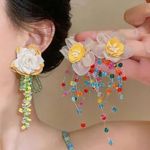 Korean Style Fabric Flower Earrings For Women Glass Beaded Tassel Earrings Light Luxury Design Niche Handcrafted Jewelry