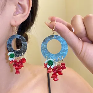 New Chinese Style Floral Drop Earrings Contrast Color Resin Marble Hoop Earrings Red Tassel Ethnic Vintage Sweet Jewelry For Women