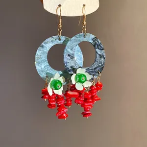 Elegant New Chinese style floral hook earrings with vibrant red stone dangles