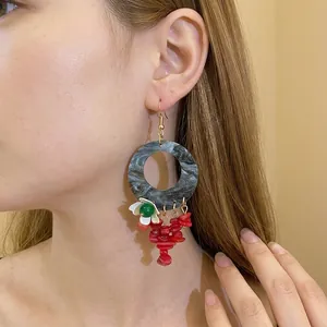 Elegant New Chinese style marbled hoop earrings with floral dangles and red beads