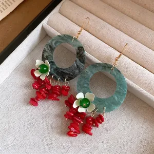 Elegant New Chinese style color-block floral drop earrings with green marble resin rings