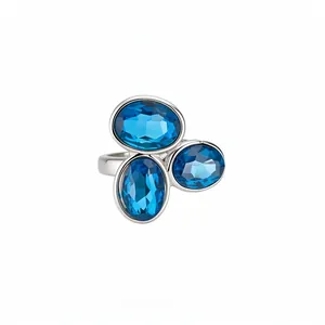 Vintage silver ring with three oval blue crystals, elegant adjustable open design