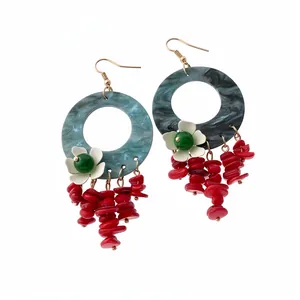 Handmade bohemian dangle earrings with marble hoops and red stone beads
