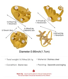 Spécifications et dimensions détaillées d'un ensemble de bagues en acier inoxydable doré sur le thème marin