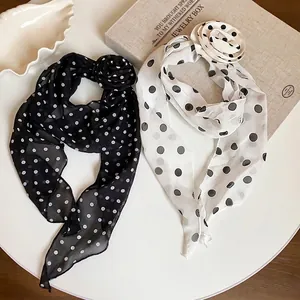 Retro polka dot chiffon scarf with flower ornament for women, black and white set