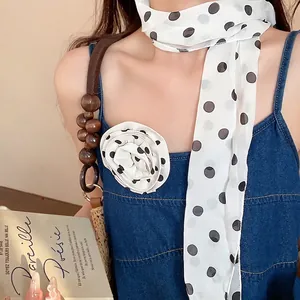 Vintage white polka dot chiffon scarf necklace with large 3D flower detail accessory for women